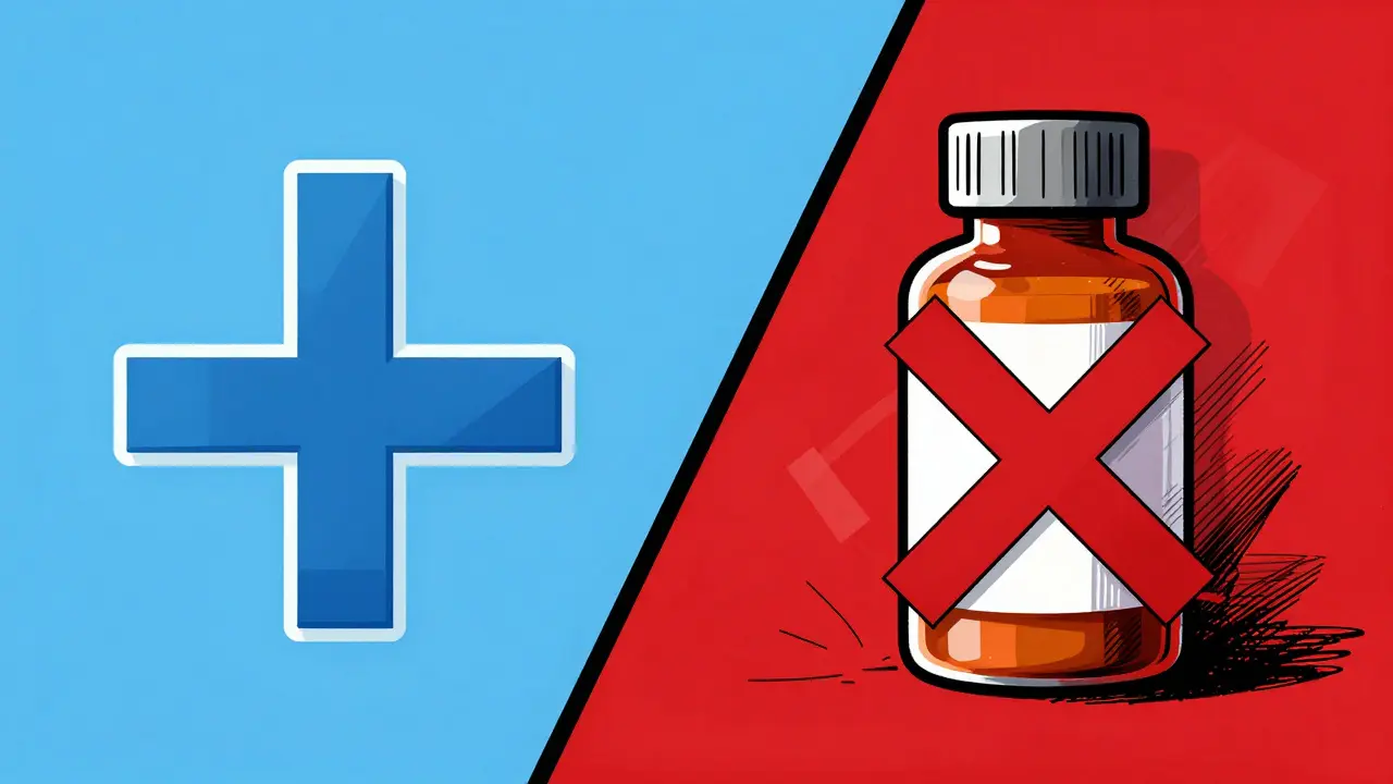 A conceptual split image contrasting a legitimate prescription with a dangerous counterfeit bottle.