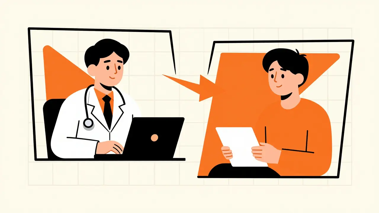 A doctor and patient connecting via telemedicine in a Constructivist illustration.
