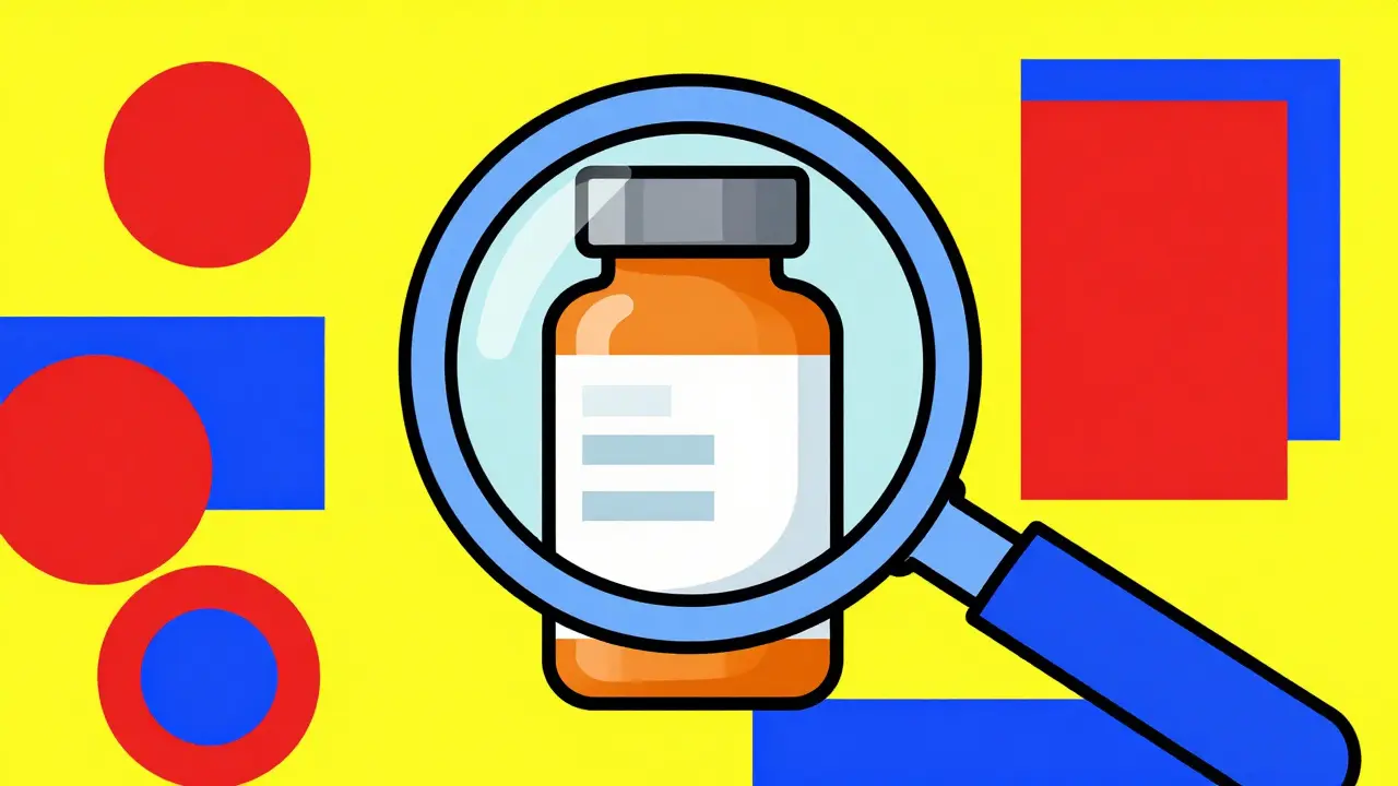 A magnifying glass examining a medicine bottle with bold geometric shapes.