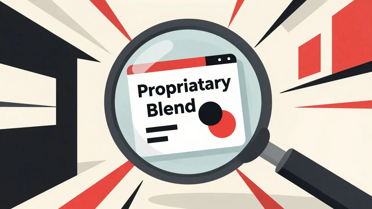 Abstract Constructivist art showing a magnifying glass over a complex, obscured supplement label.