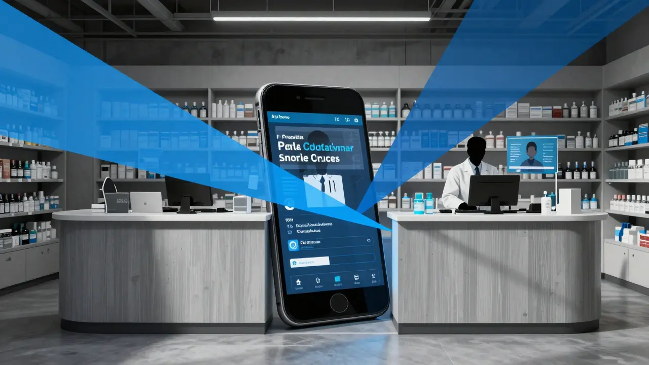 Abstract illustration of a pharmacy counter transitioning into a digital mobile interface.