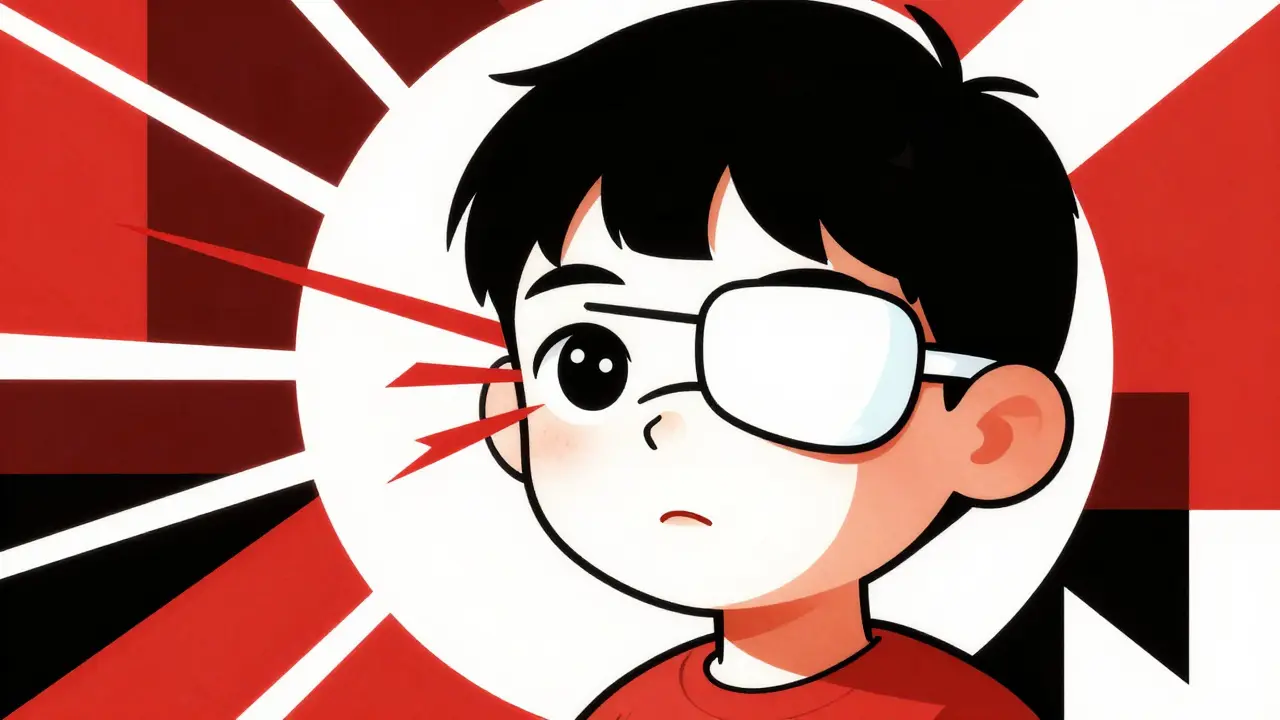 Child wearing an eye patch with geometric shapes illustrating the brain's visual activation.