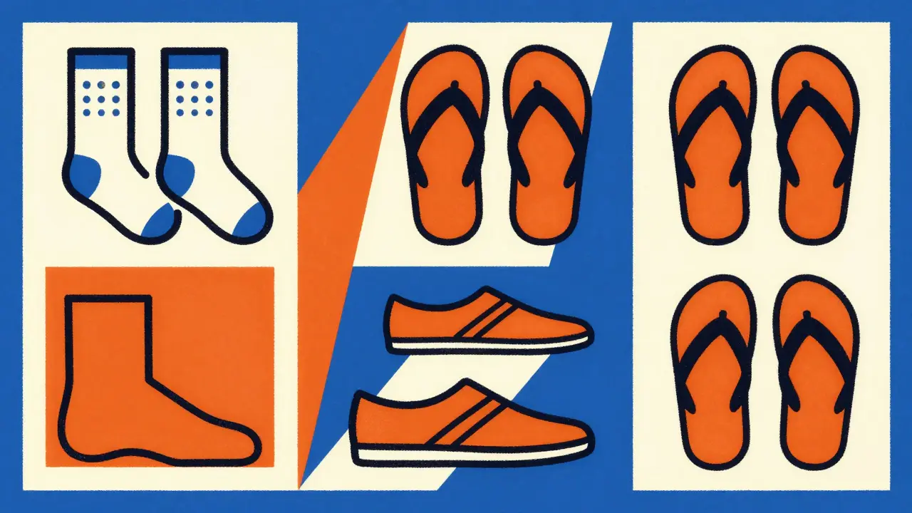 Constructivist composition showing socks, flip-flops, and shoes to illustrate foot hygiene.