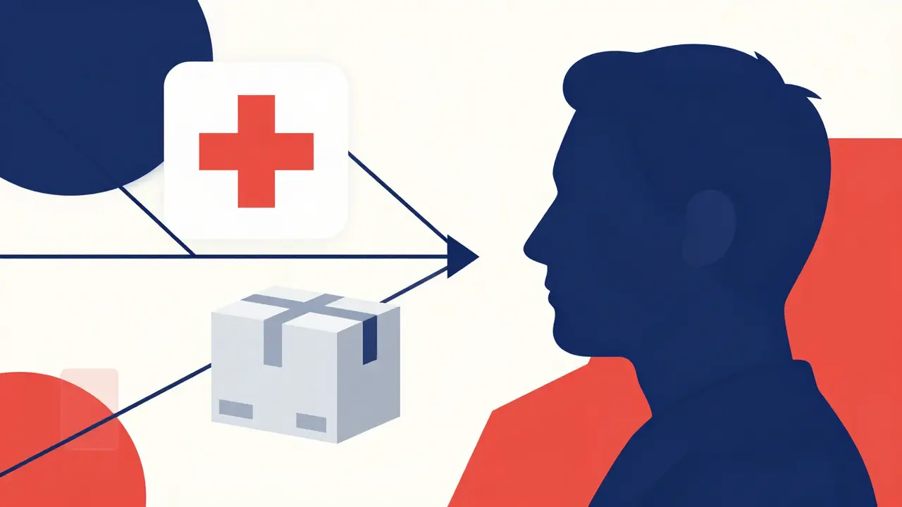 Constructivist illustration showing the connection between telemedicine and online medication delivery.