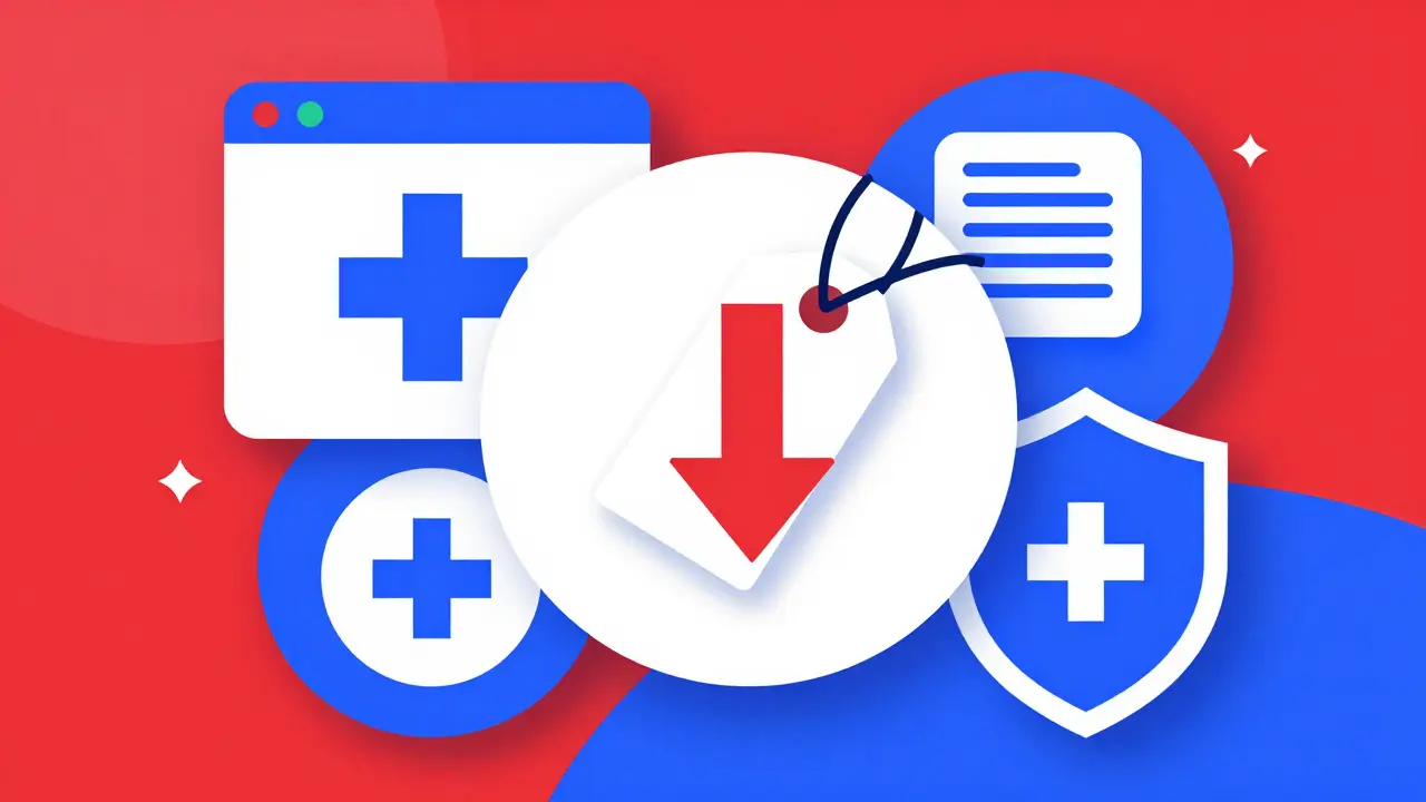 Geometric illustration of a digital interface for comparing medication prices and pharmacy options.