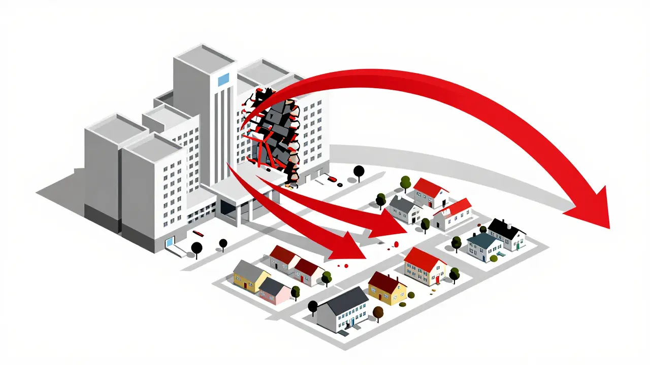 Geometric representation of healthcare services moving from a large hospital to smaller community hubs.
