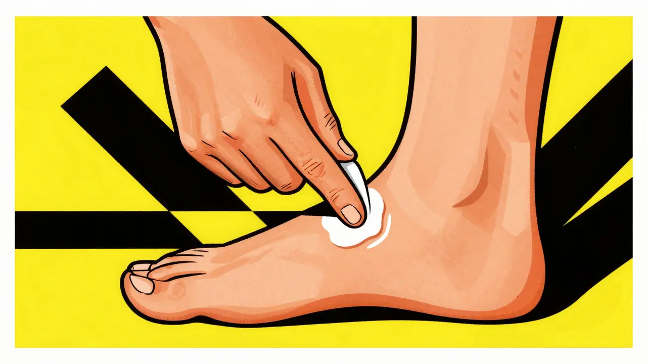 Graphic illustration of a hand applying antifungal cream to a foot using bold geometric shapes.