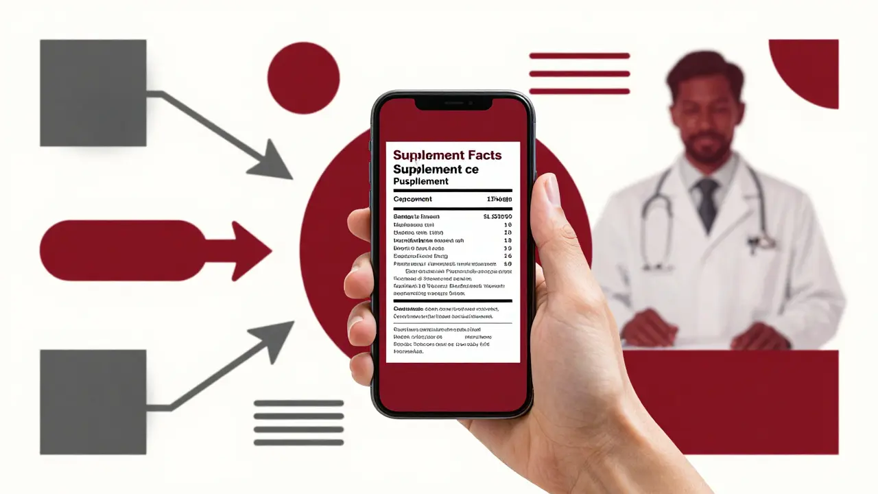 Illustration of a person using a phone to photograph a supplement label for a pharmacist.