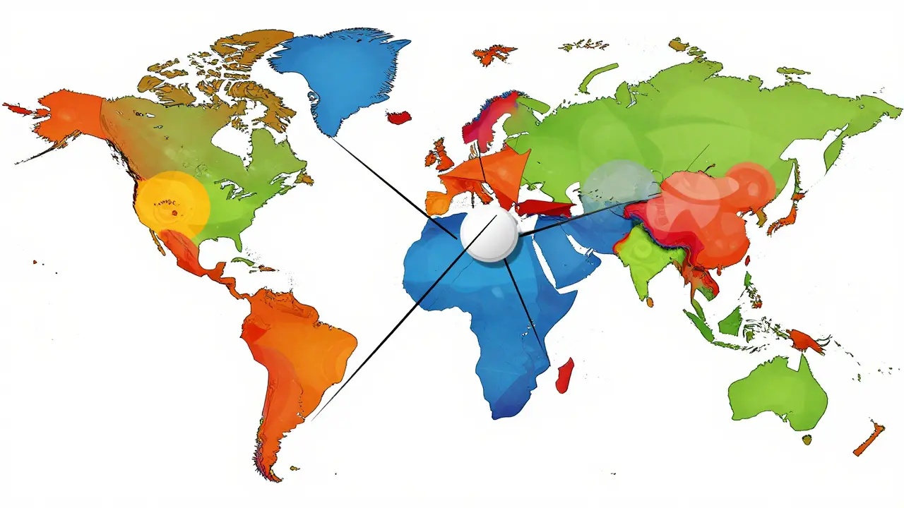 Stylized map showing global medication paths from India and Canada in a graphic illustration.
