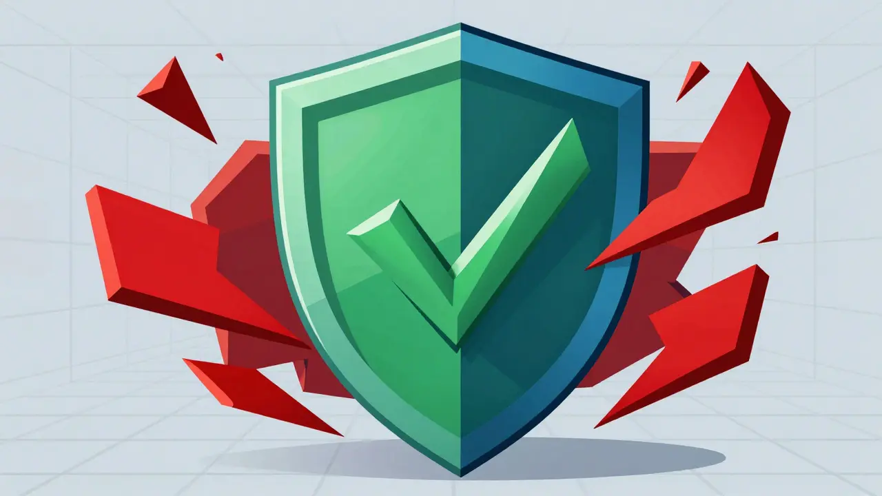 A geometric shield protecting against chaotic shapes, representing safe online pharmacy use.