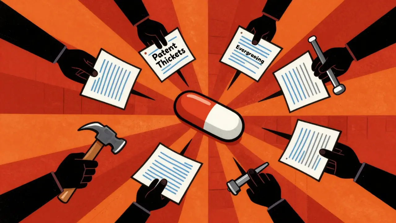 Abstract constructivist art showing patent thickets surrounding a pill