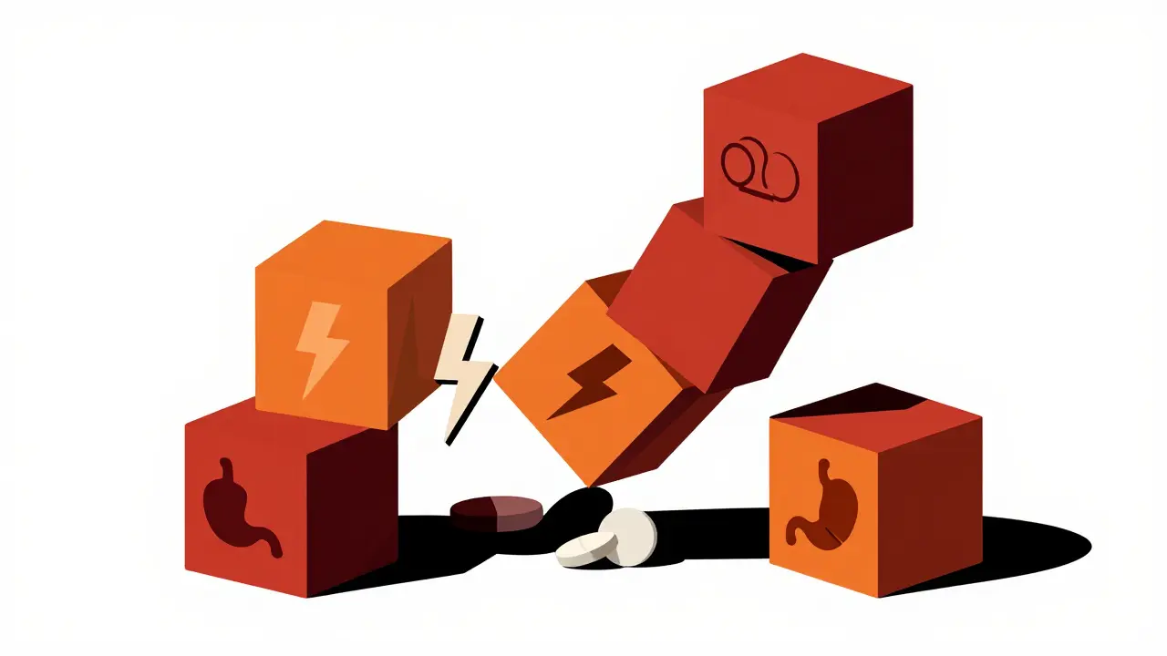 Abstract constructivist illustration of stacked medication blocks leaning precariously to show polypharmacy risks.