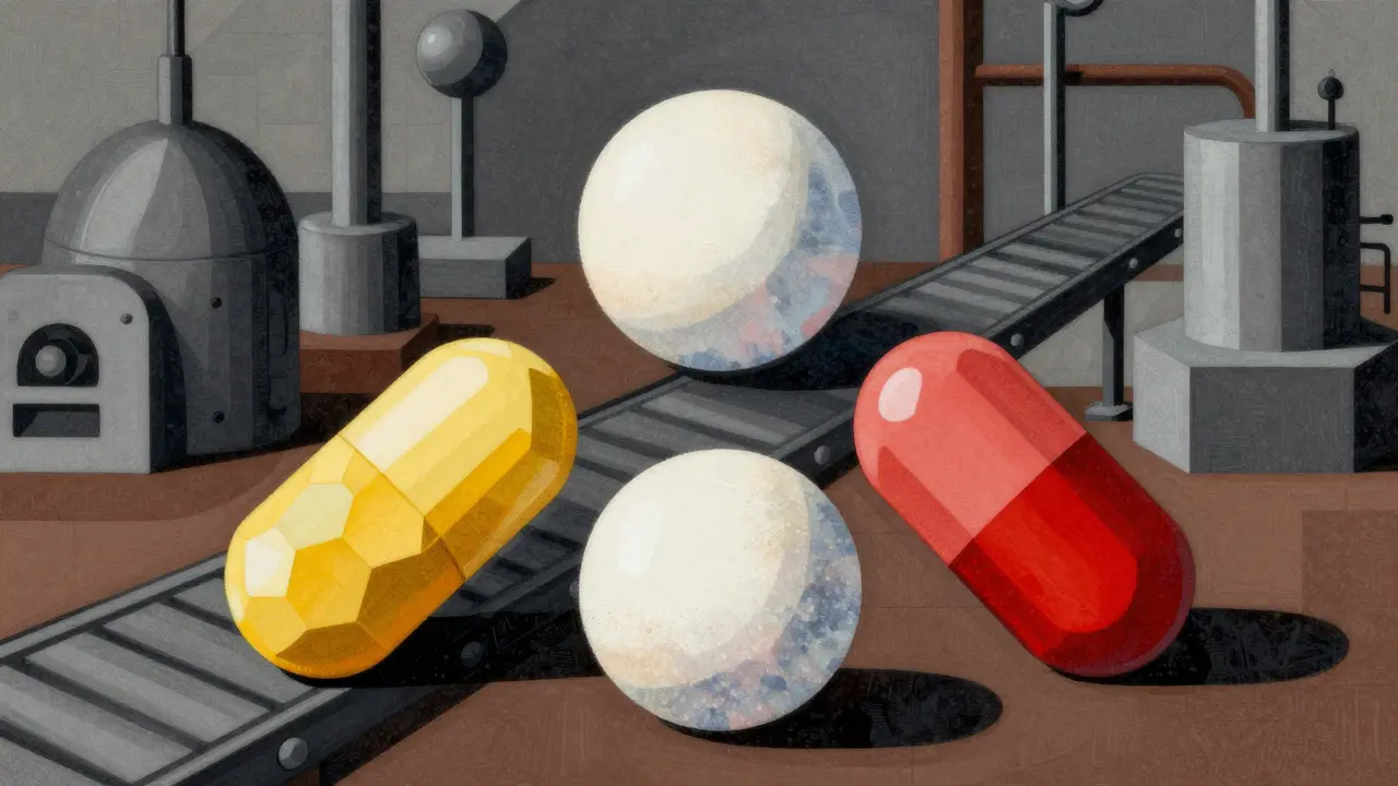 Abstract constructivist illustration of three pills with different internal geometric patterns