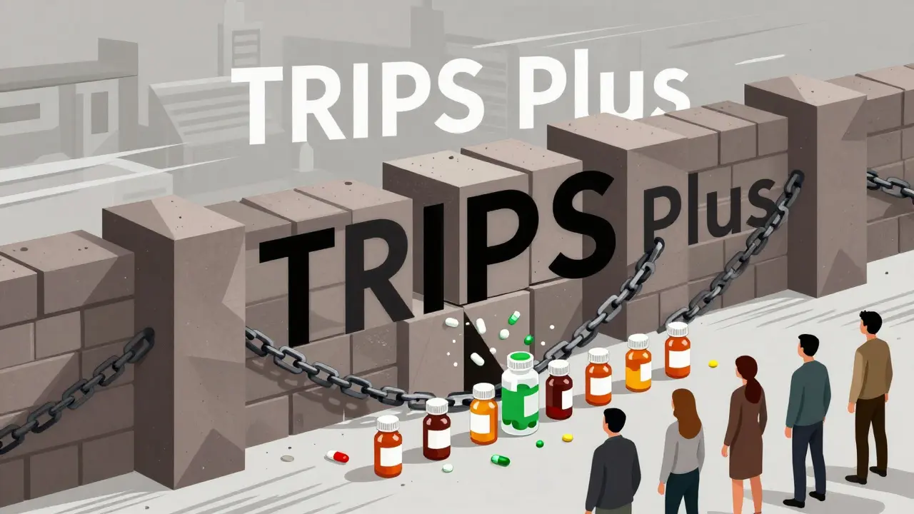 Angular wall blocking colorful pills from reaching people in constructivist style