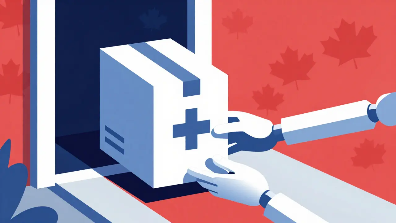 Constructivist illustration of safe medication delivery package arriving at home