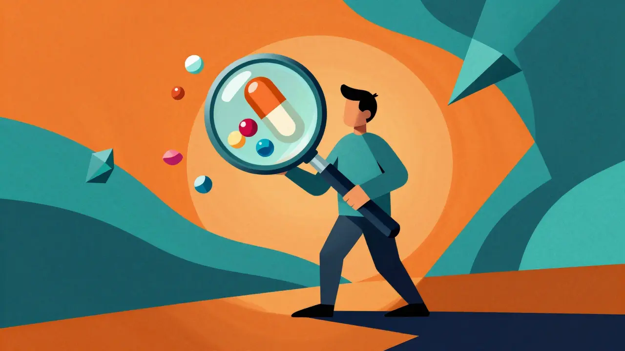 Constructivist style image of a person using a geometric magnifying glass on a medicine pill
