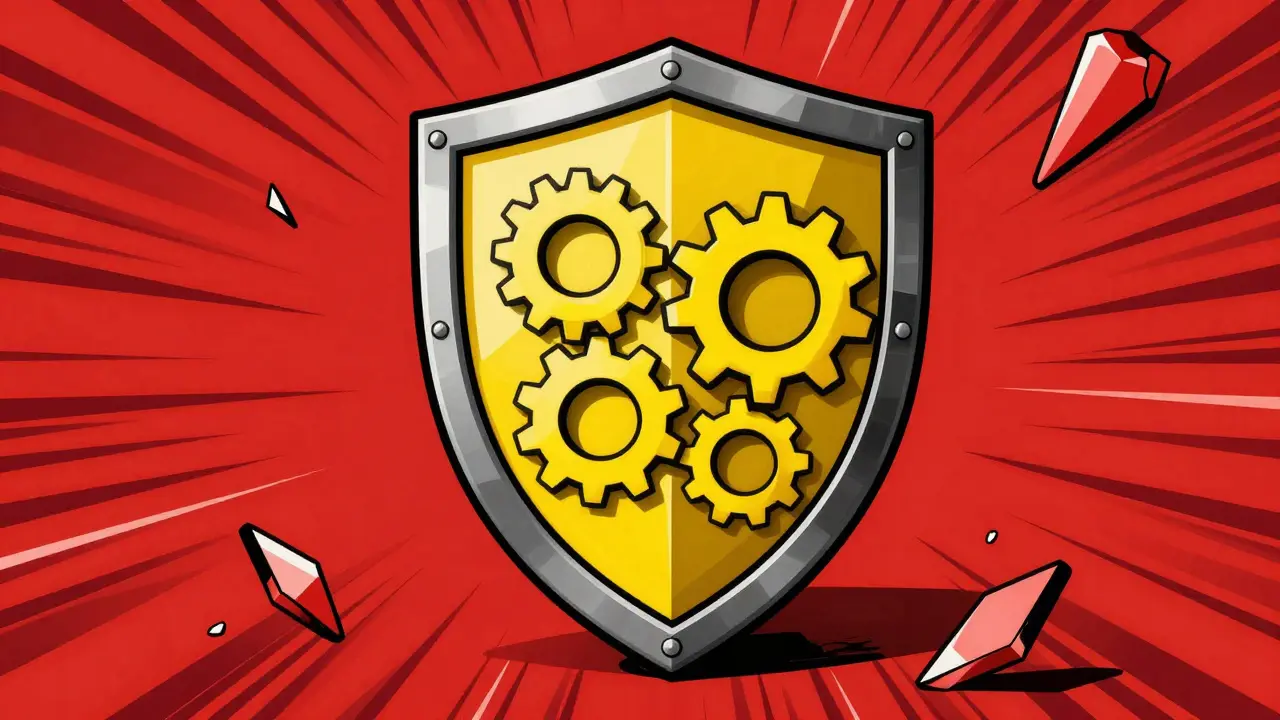 Constructivist style shield made of gears protecting against jagged red shards representing fake drugs.