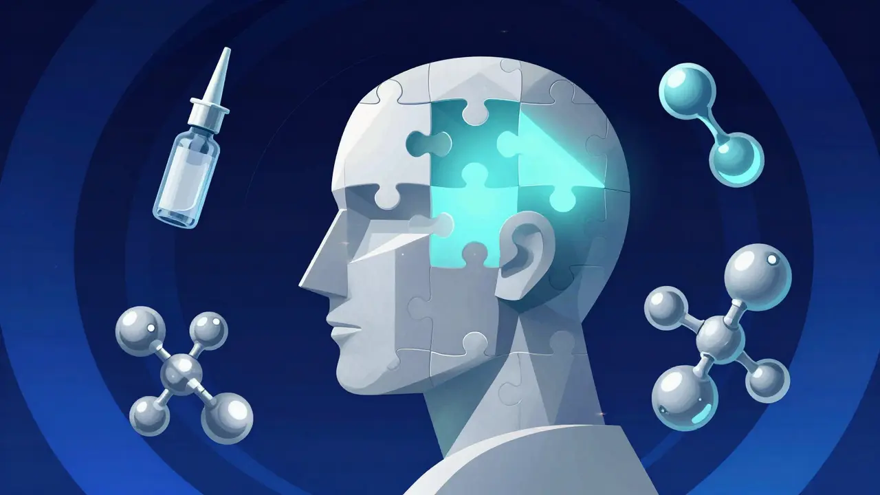Futuristic puzzle head glowing with precision medicine and new therapies