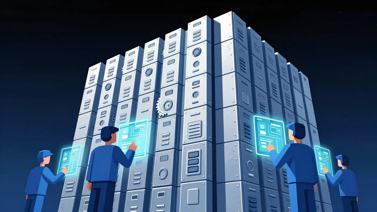 Geometric blue illustration of a secure automated dispensing cabinet system