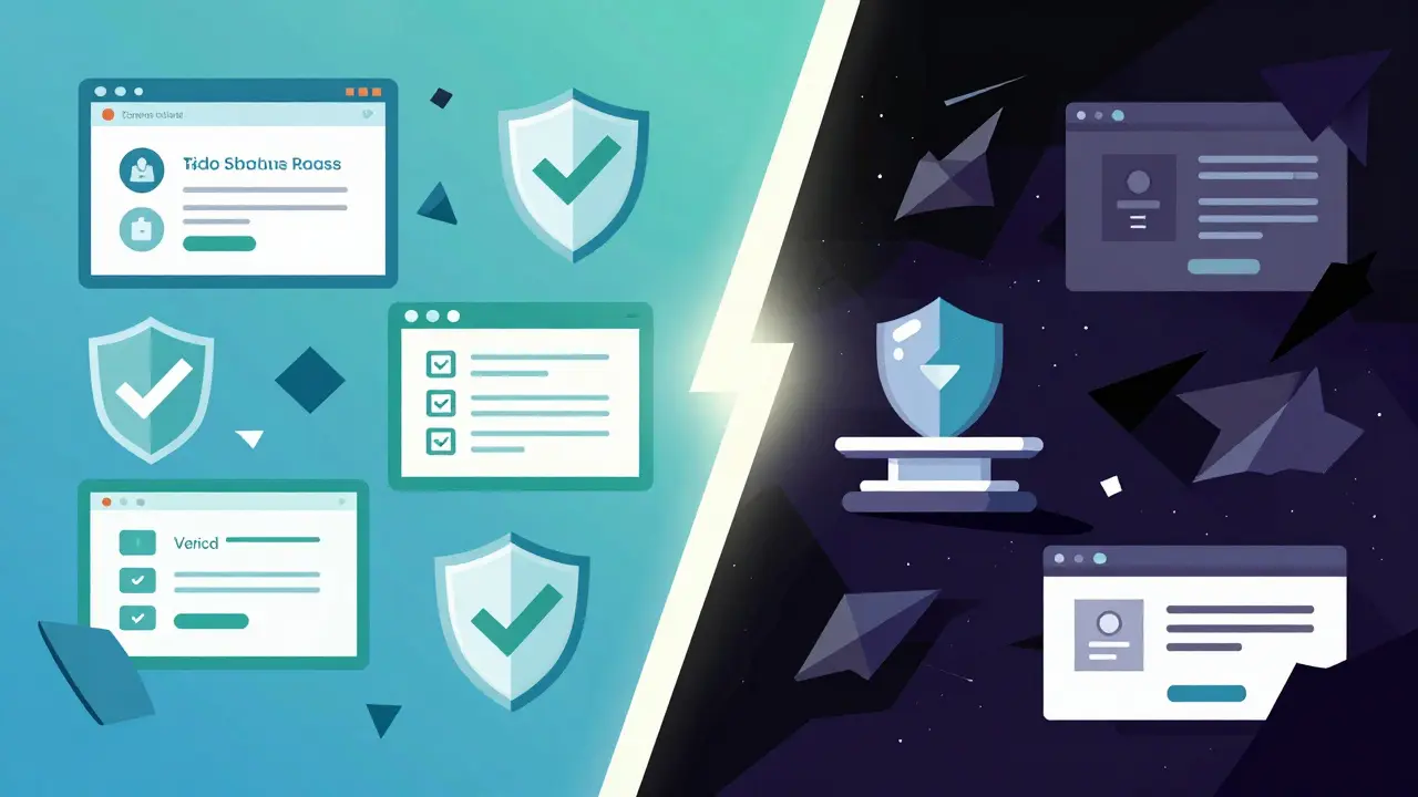 Geometric illustration comparing safe online pharmacies to scams