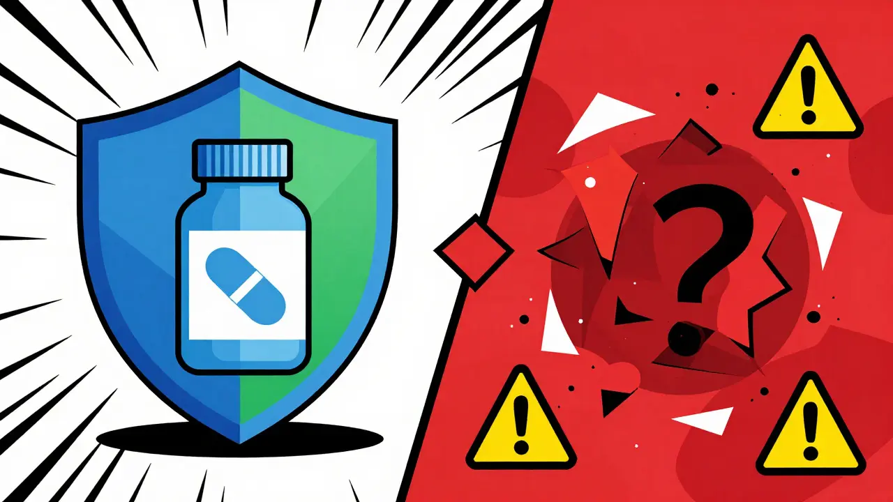 Geometric illustration contrasting a safe shielded pill with chaotic scam symbols.