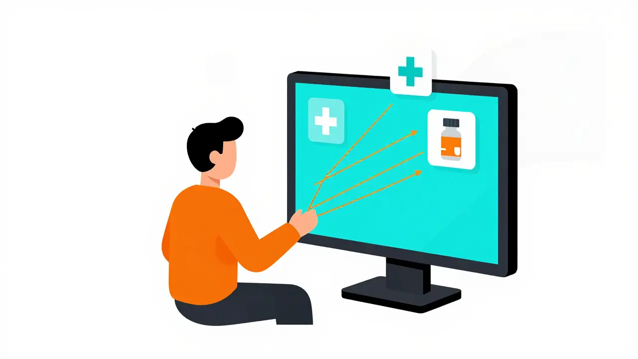Stylized figure using a computer for telehealth, connected by colorful data streams.