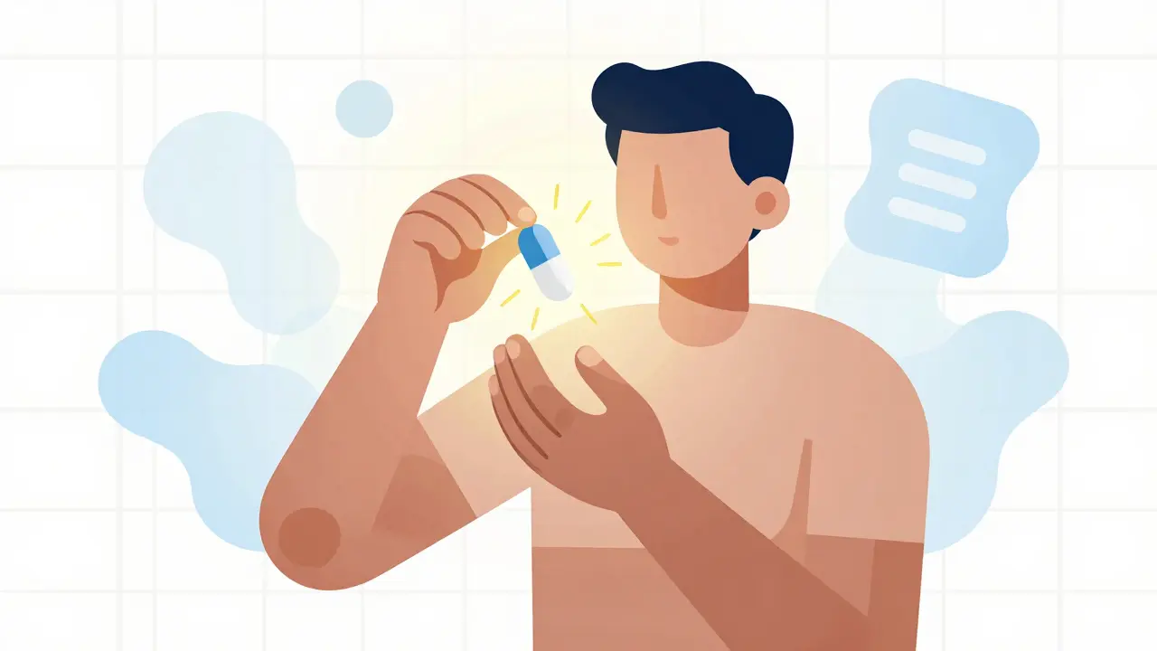 Stylized geometric figure holding a glowing pill capsule surrounded by calming blue abstract shapes.