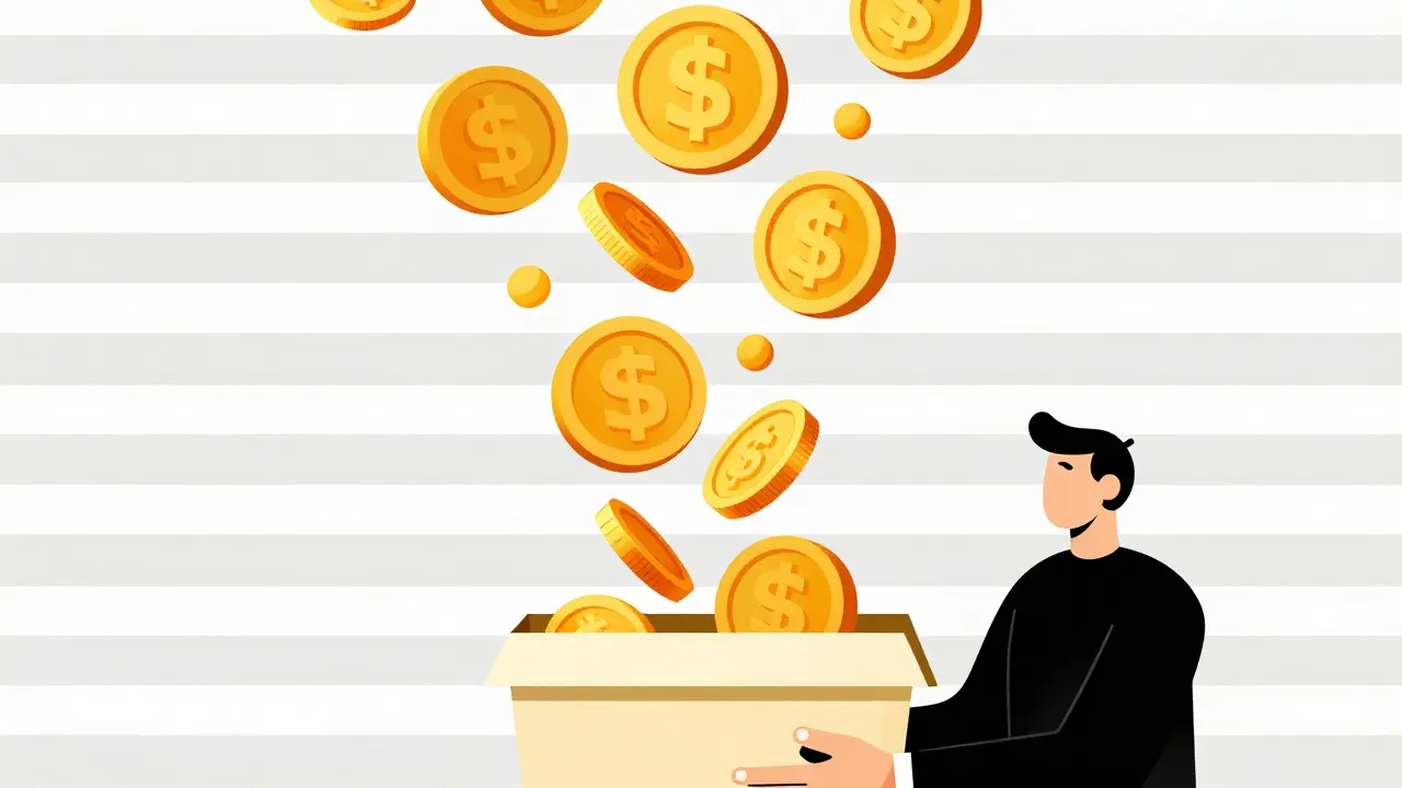 Stylized graphic of golden coins flowing into a secure box representing savings.
