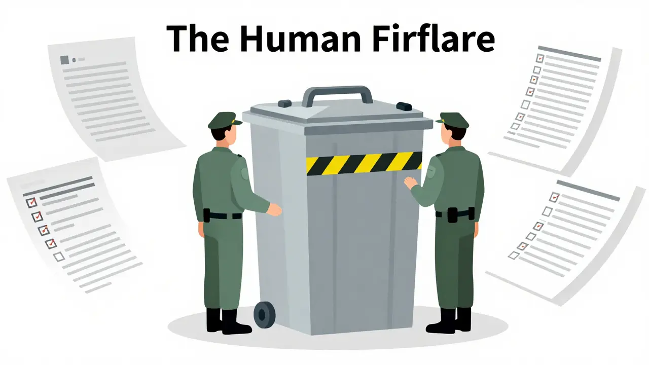 Stylized gray illustration of staff guarding secure medical waste disposal