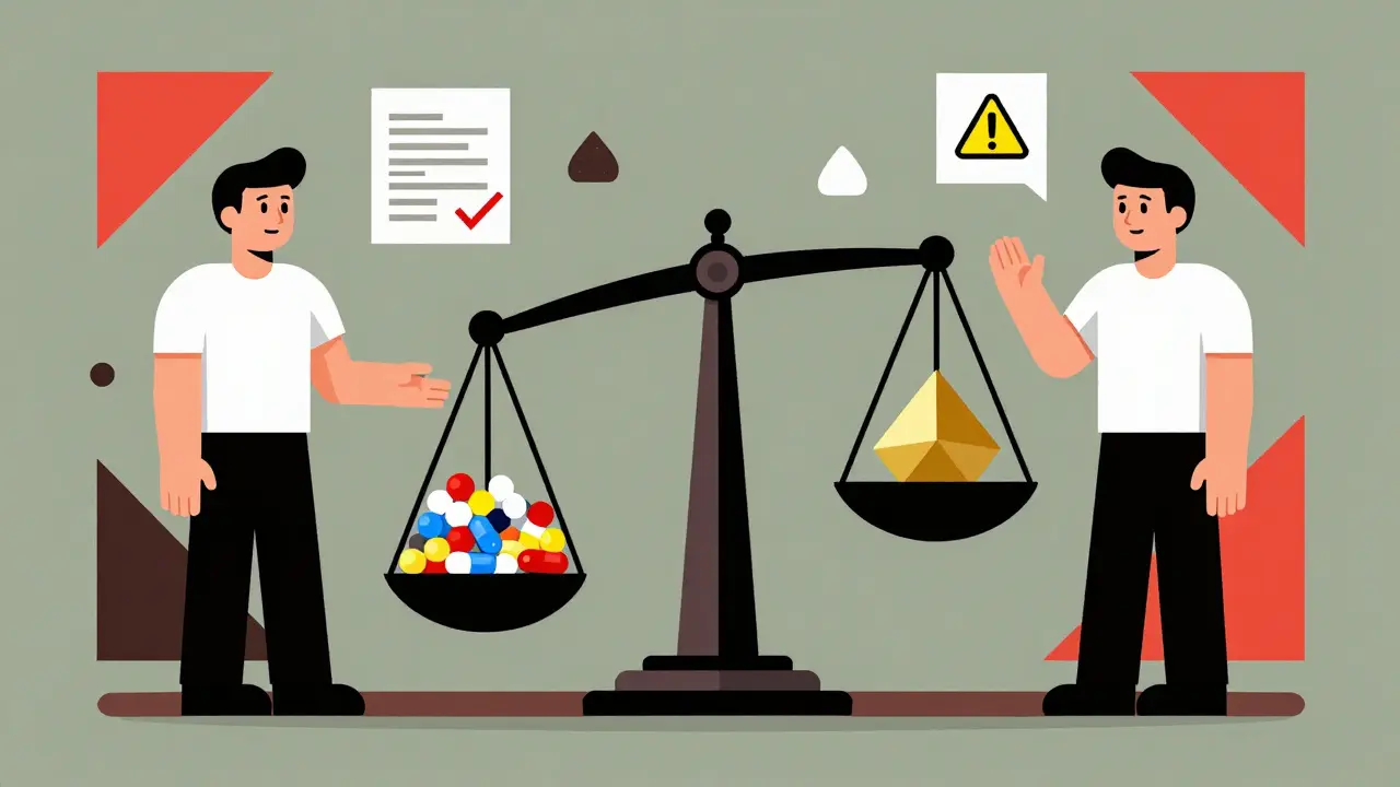 Stylized scale comparing risky antidepressants to stable approved treatments