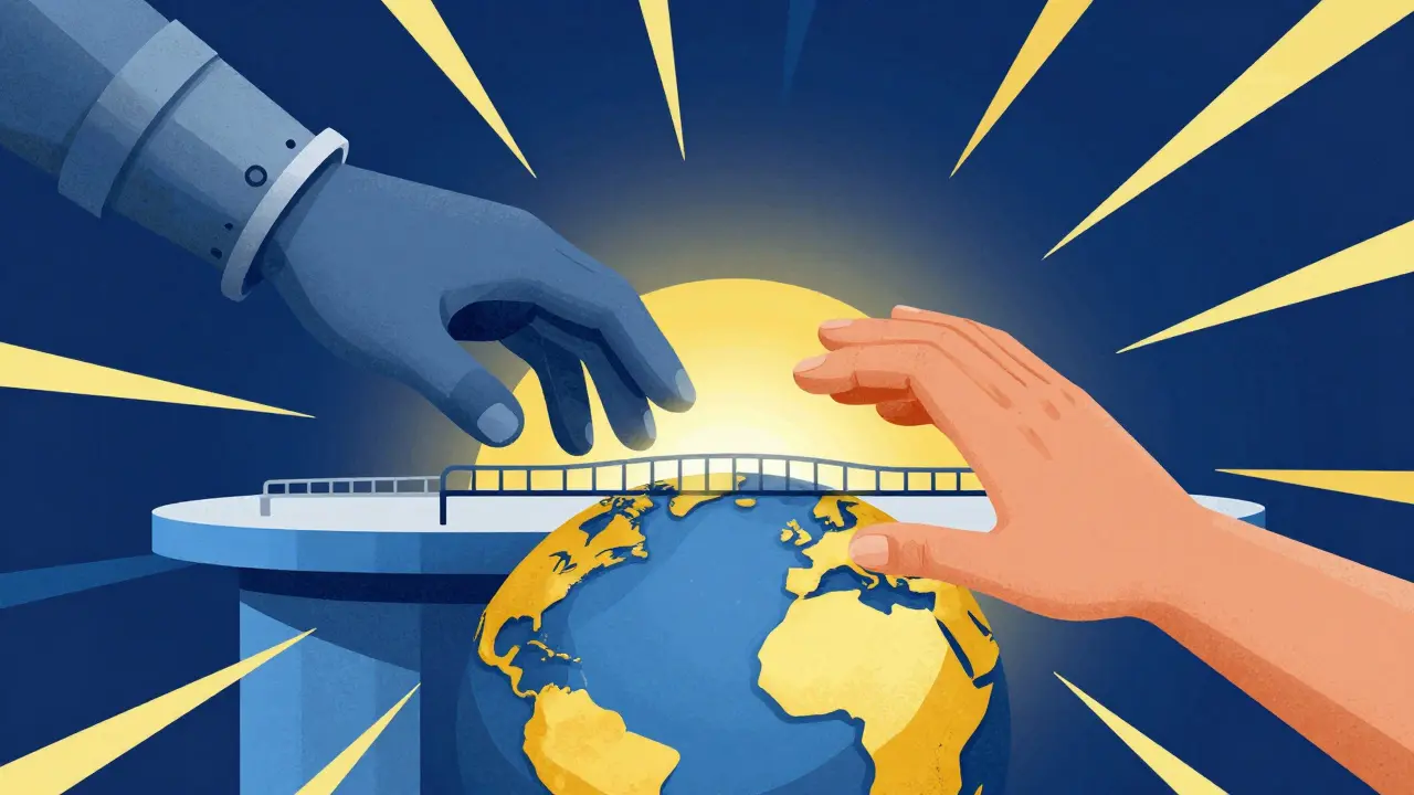 Two hands reaching over a geometric globe symbolizing global health cooperation