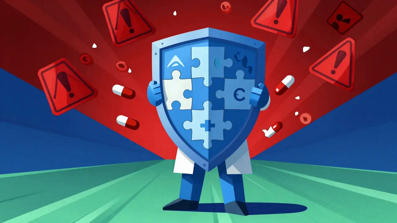 Constructivist doctor holding a shield blocking red warning signs and pills