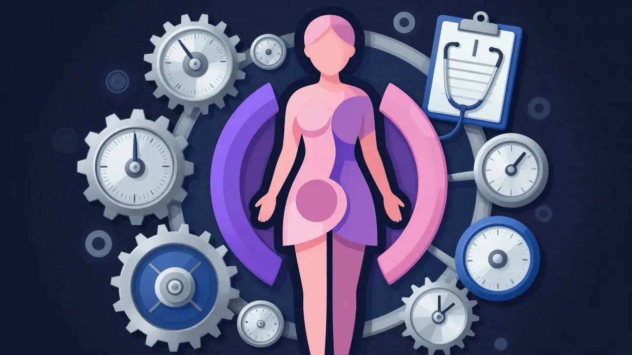 Constructivist style graphic of medical supervision and hormonal balance