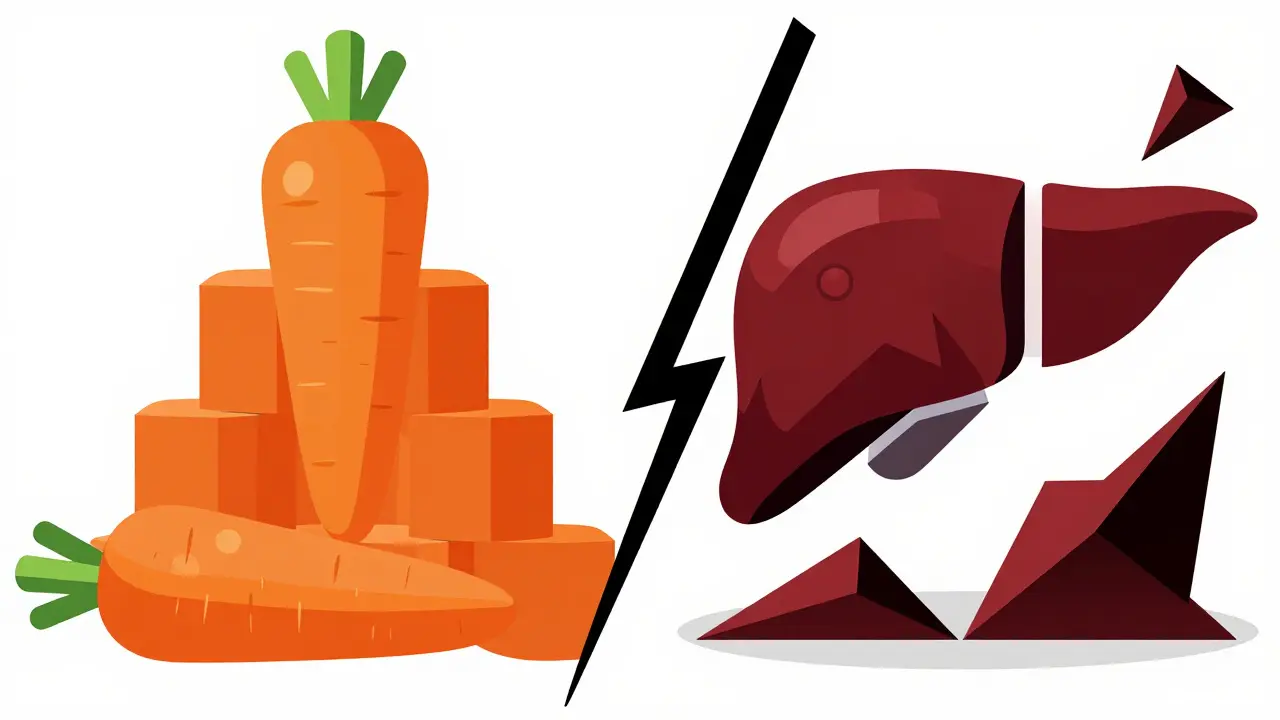 Contrasting geometric shapes representing safe carrot vs dangerous liver vitamin A