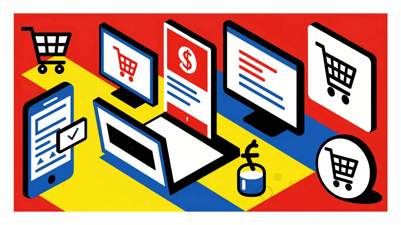 Geometric cartoon illustration of digital shopping carts and currency symbols