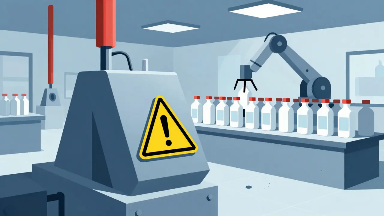 Geometric cartoon of a halted pharmaceutical factory with rejected medicine batches