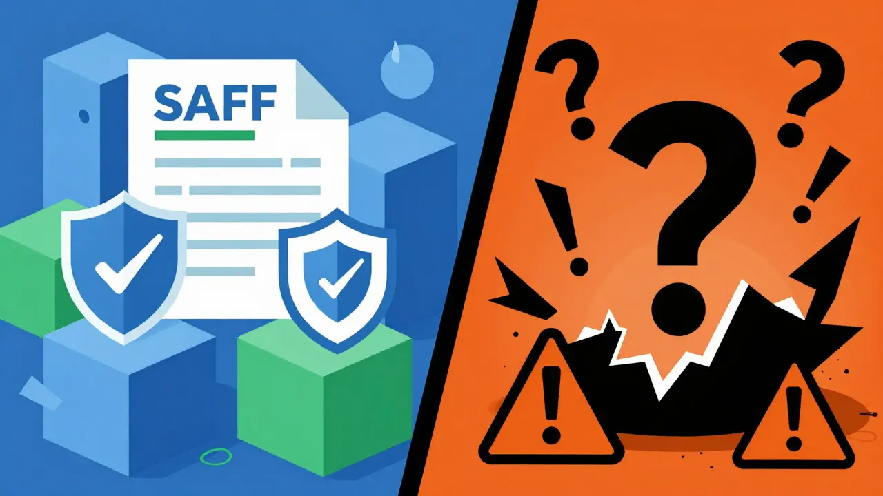 Geometric illustration comparing safe verified pharmacies to scams