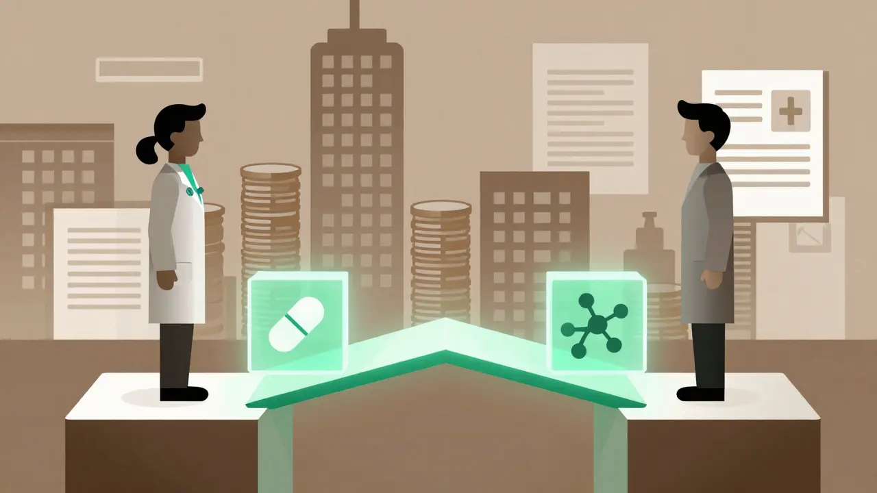 Illustration of doctor-patient trust bridging generic drug skepticism
