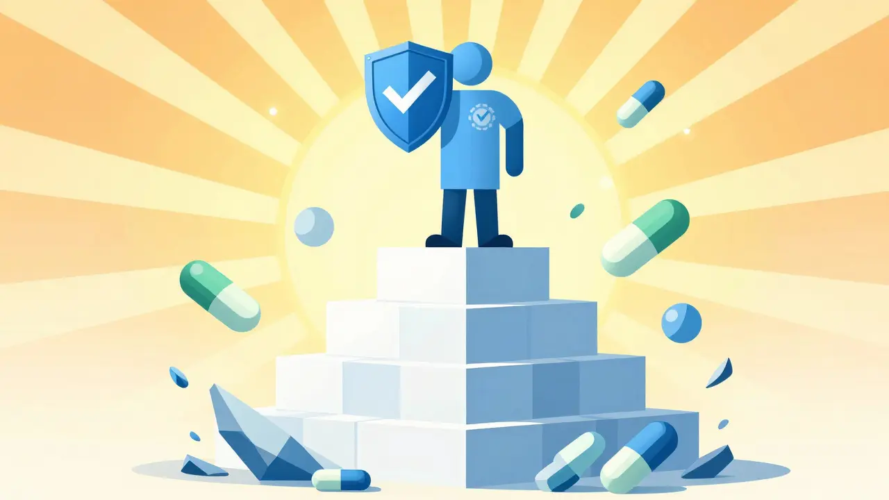 Stylized figure protecting safe medication supply