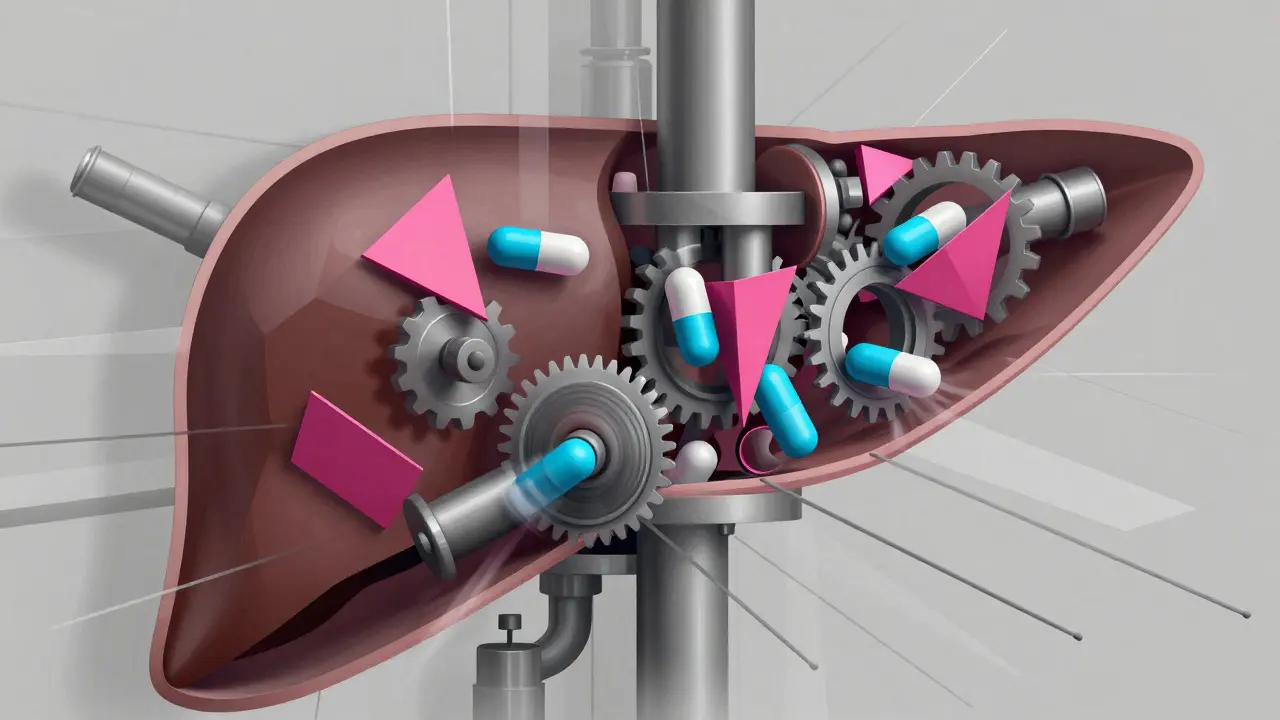 Stylized geometric illustration of liver enzymes processing pills, showing mechanical interaction.