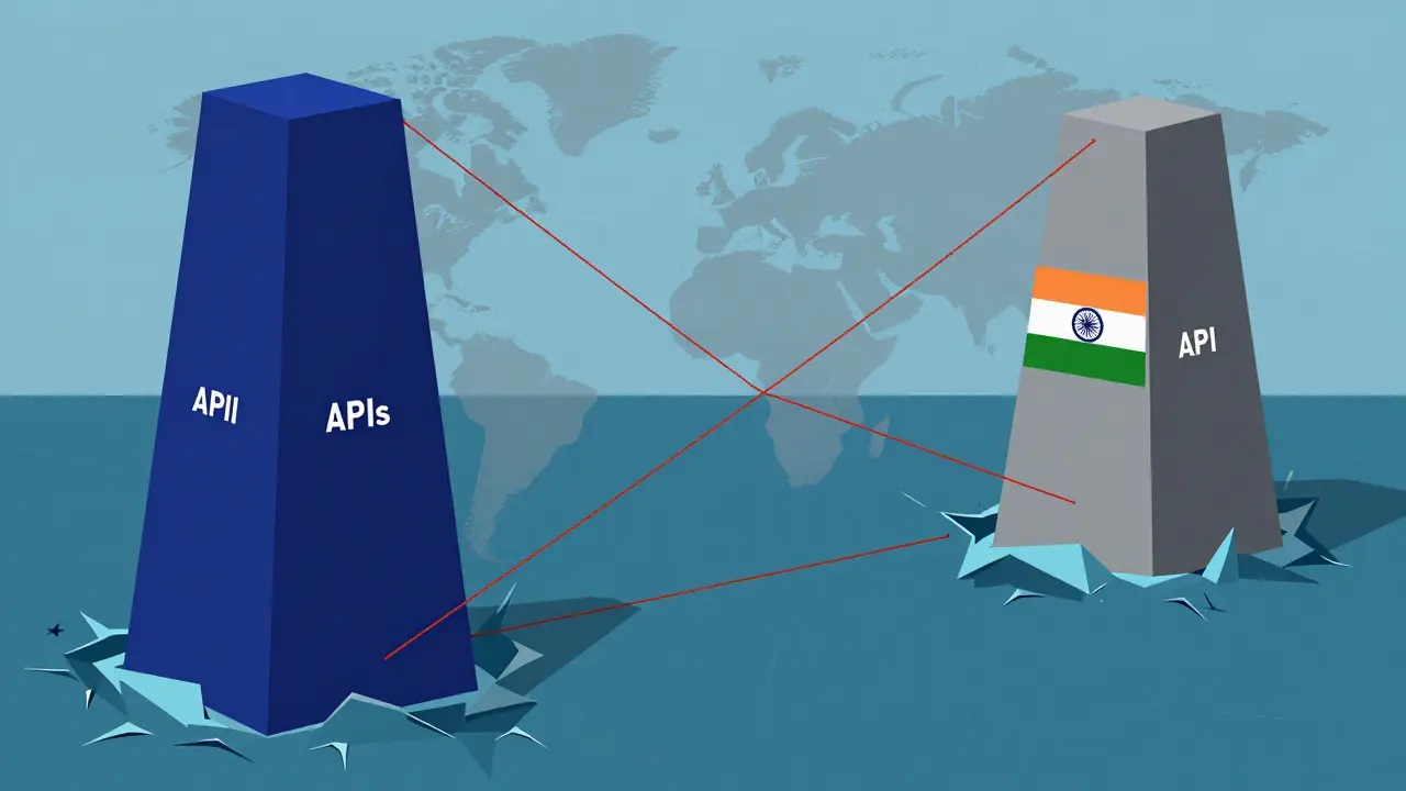 Stylized map showing fragile supply lines connecting API sources to the US market