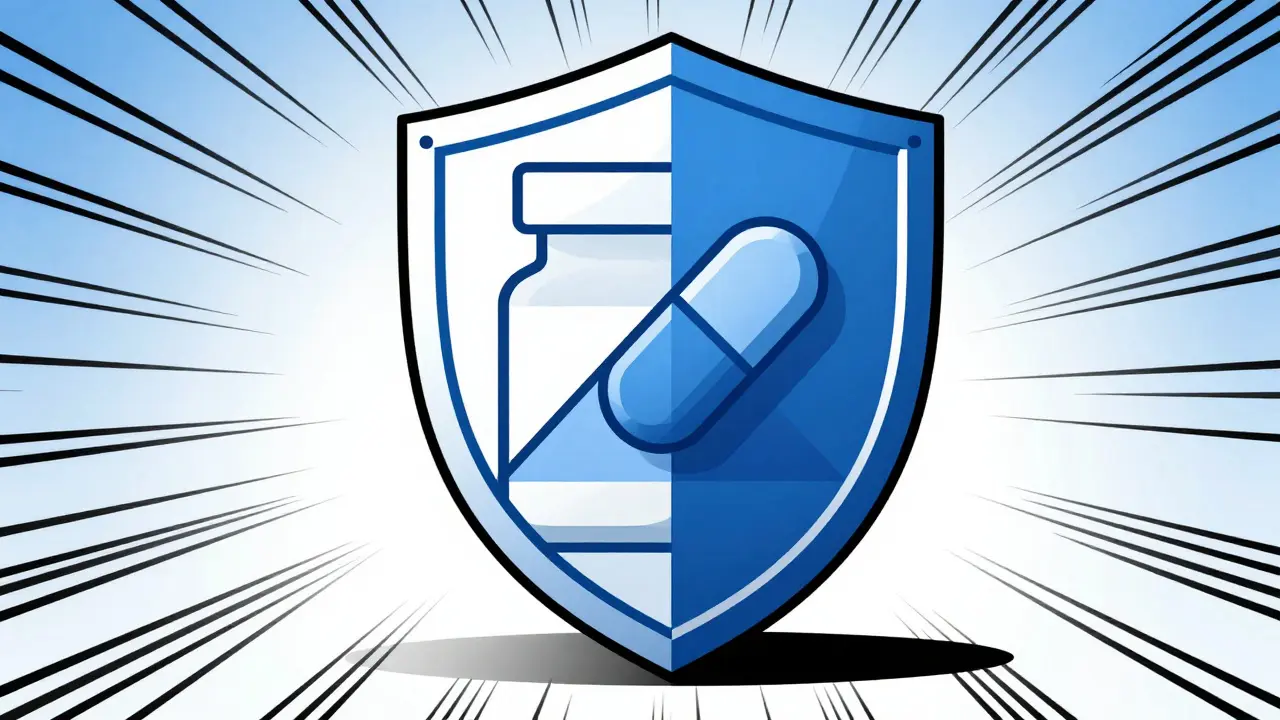 Stylized shield protecting a pill bottle in bold constructivist geometric style