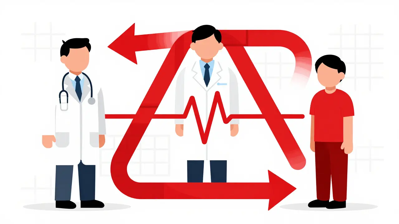 Abstract art showing connected doctor, lab, and patient feedback loop