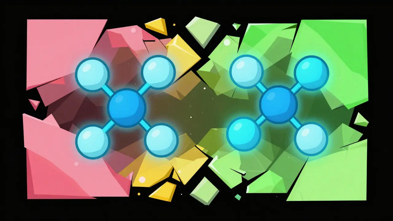Abstract constructivist art comparing active ingredients and fillers in pills.