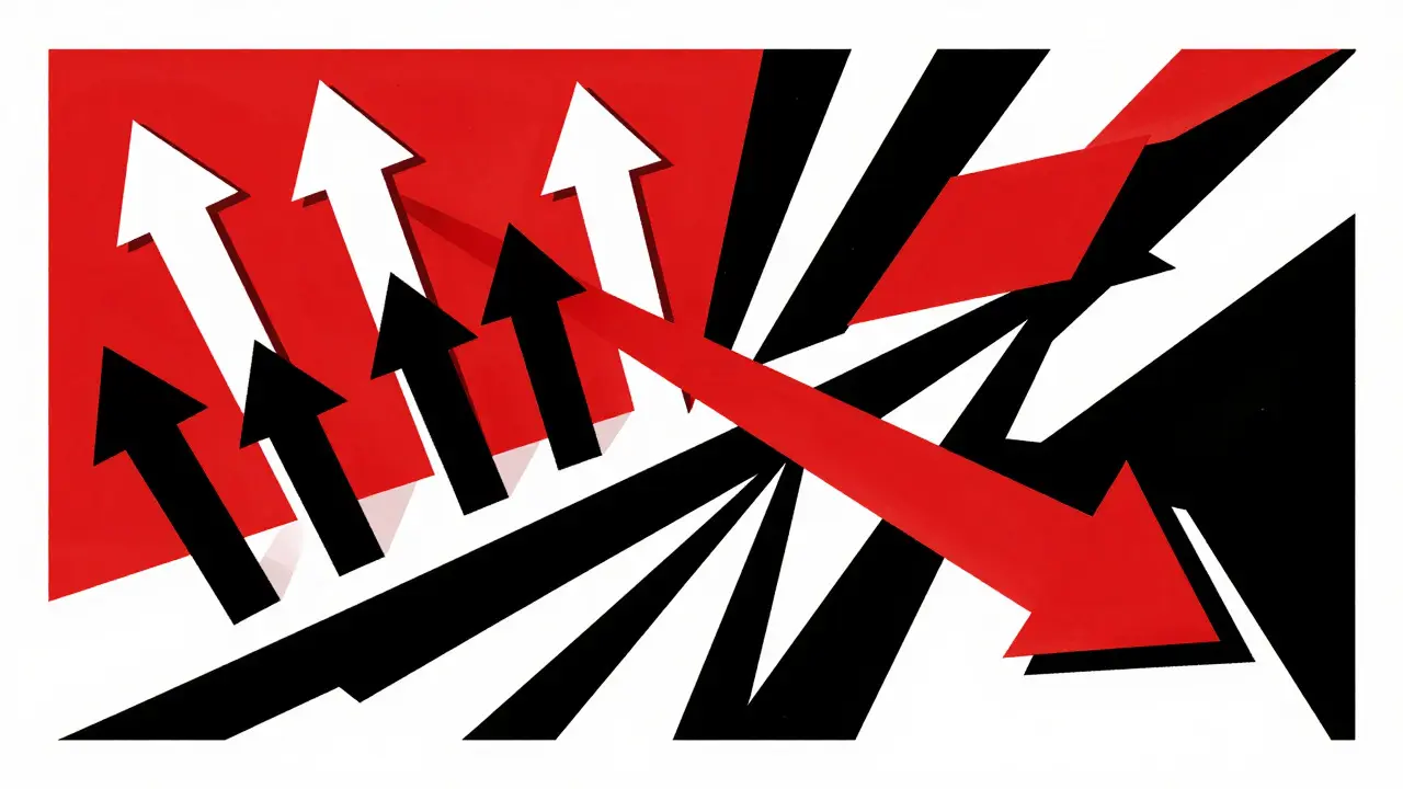 Abstract constructivist art showing conflicting drug interaction effects with arrows