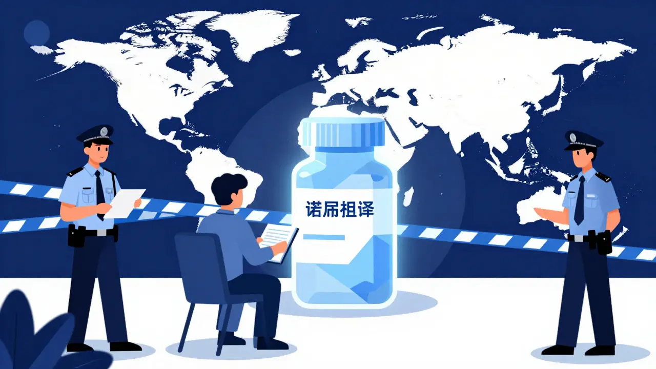 Abstract illustration of customs inspection with prescription meds