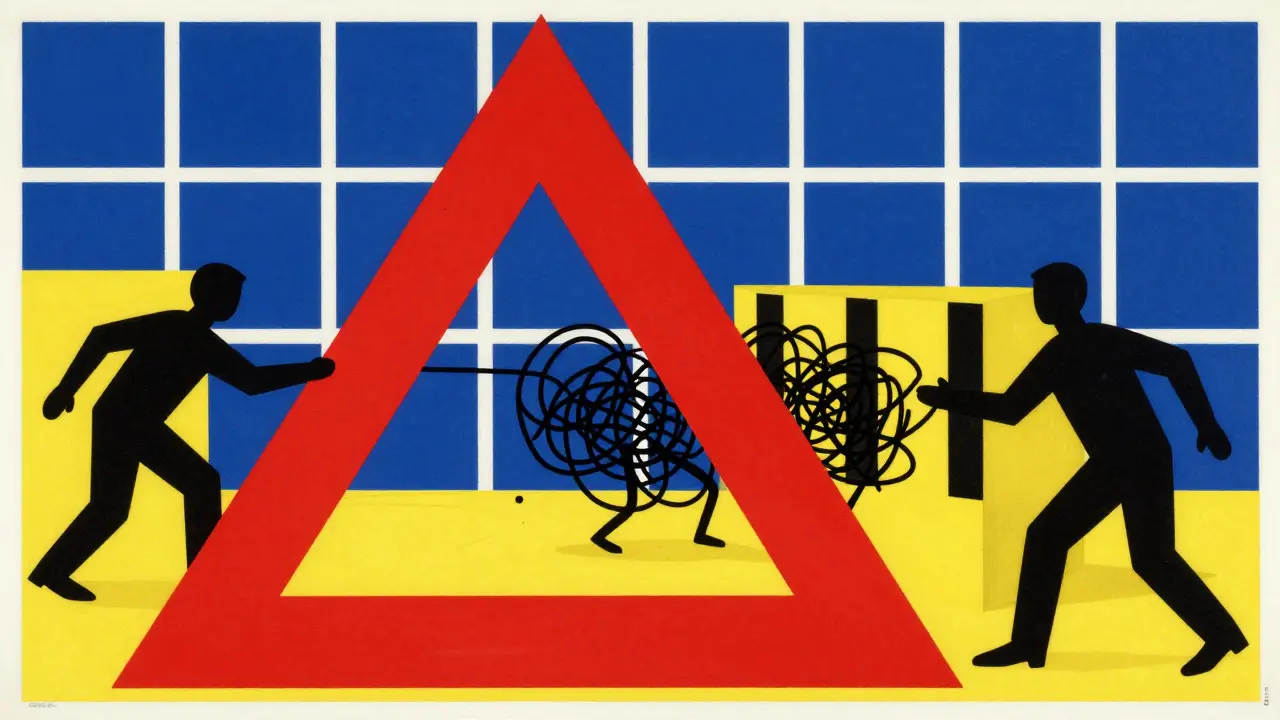 Abstract red warning shapes vs blue safety blocks illustrating pharmacy scams