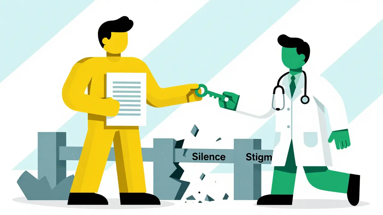 Constructivist art of a patient and doctor collaborating to overcome health barriers with clear communication.
