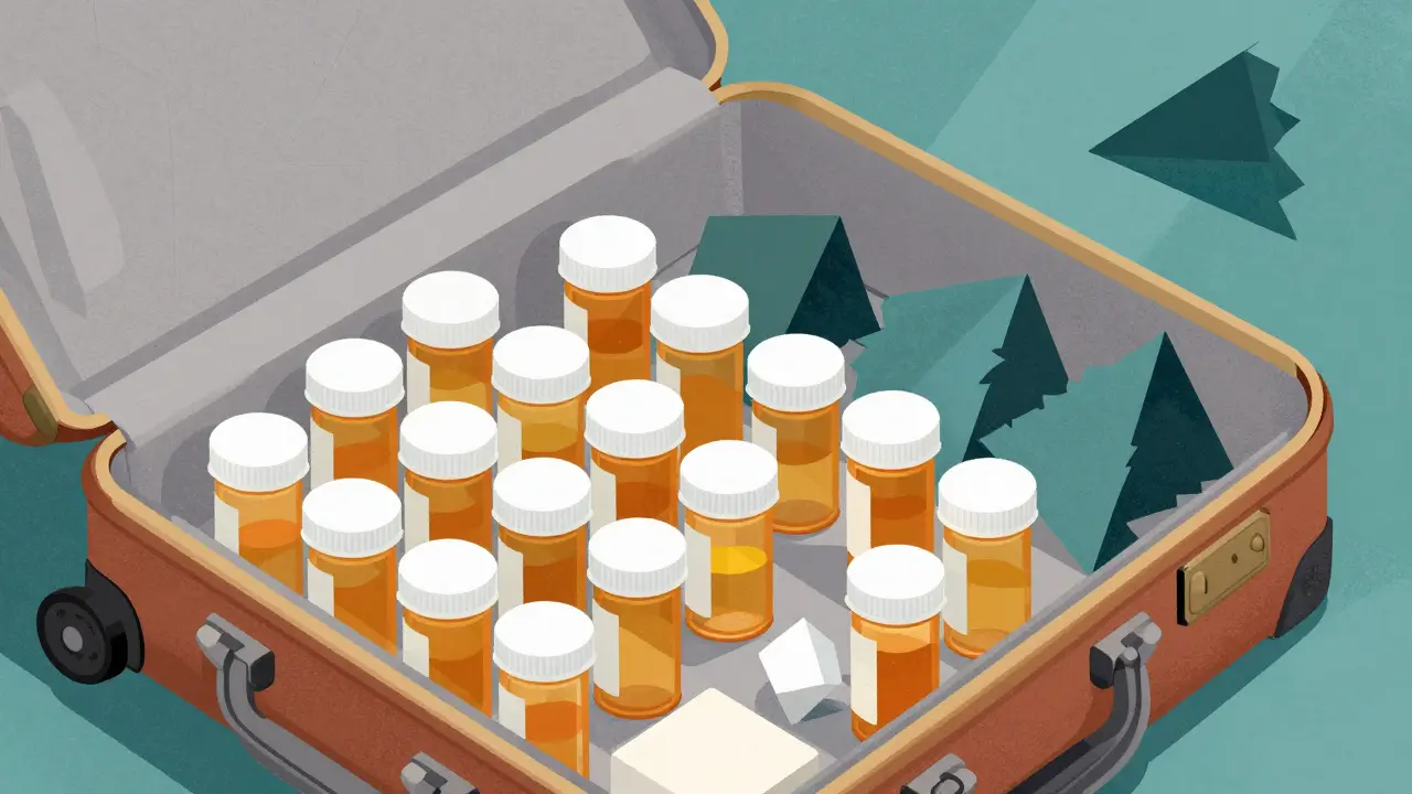 Geometric art of organized suitcase with safe medication packing