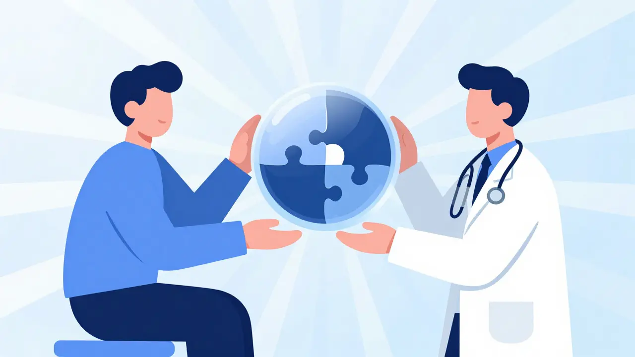 Patient and doctor collaborating as geometric shapes